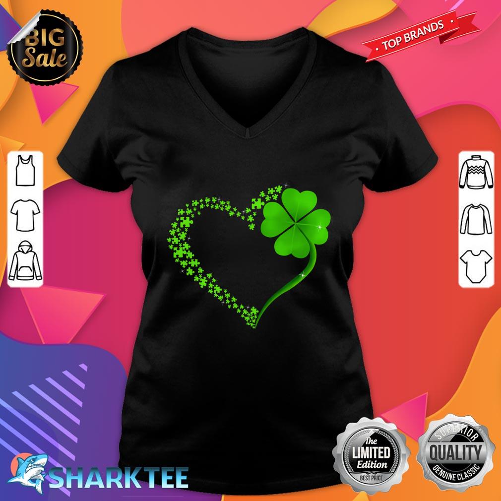 Autism Puzzle Pieces Shamrock Heart St Patrick's Day Gifts Long Sleeve V-neck