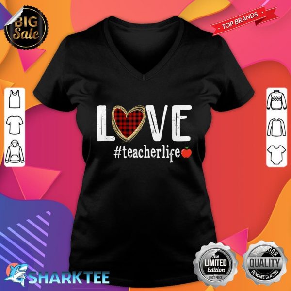 Teachers Valentines Day Love Teacher Life Buffalo Plaid Red V-neck