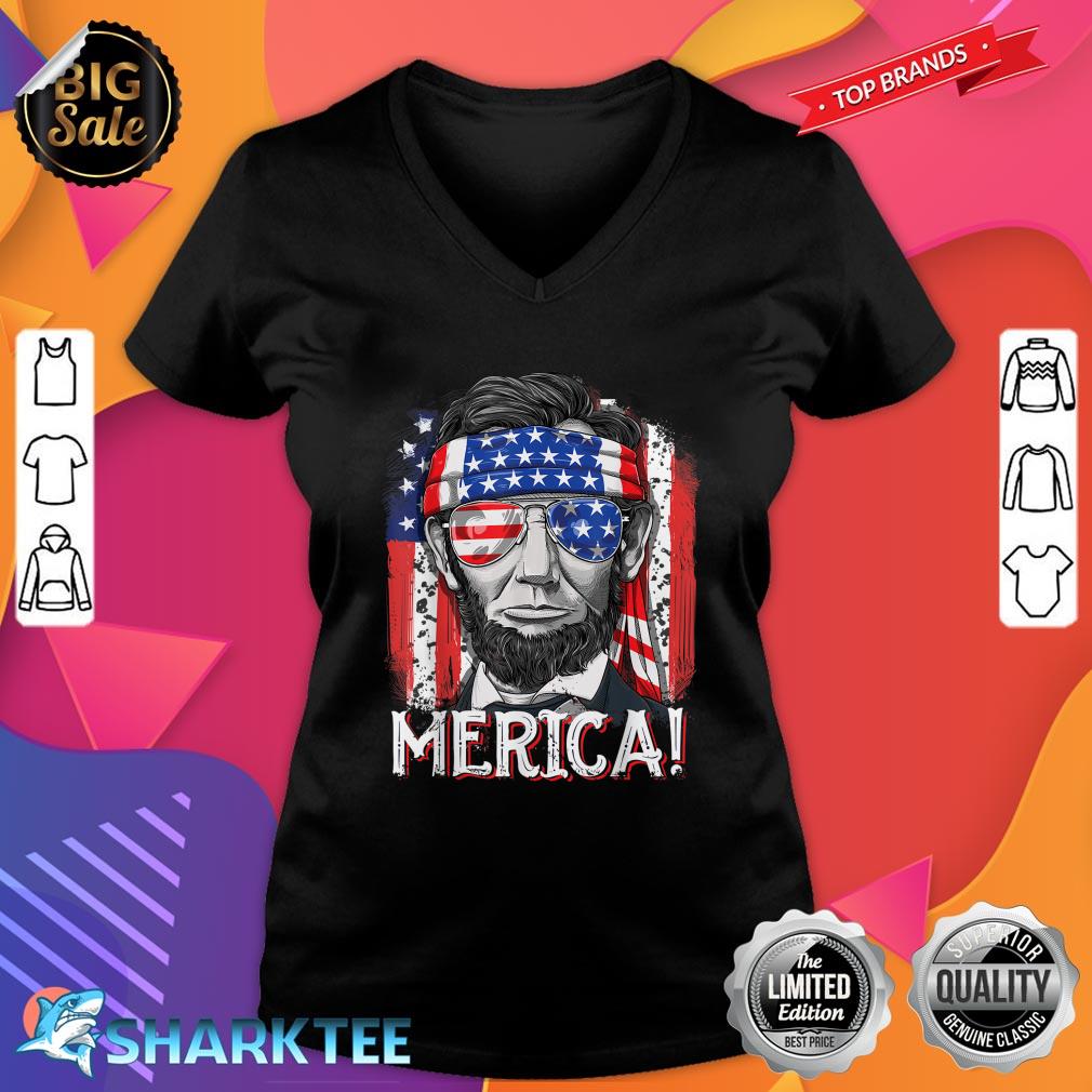Abraham Lincoln 4th of July Merica Men Women American Flag V-neck