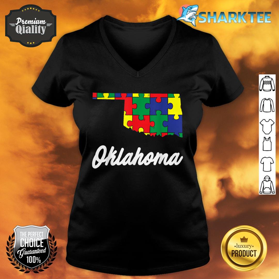 Autism Awareness Day Oklahoma Puzzle Pieces Gift V-neck