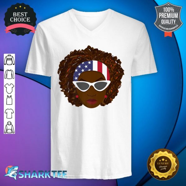 Cute Patriotic Black Woman with American Flag Scarf and Afro Premium V-neck