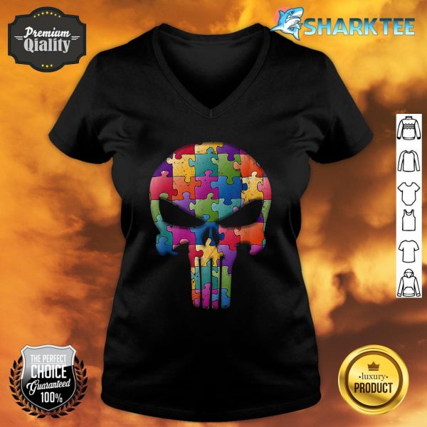 Skull Autism Awareness Mom Dad Kids Autism Puzzle V-neck