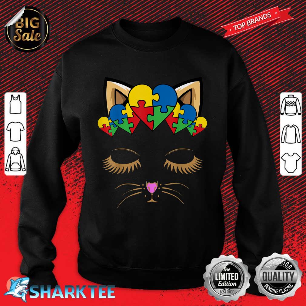 Cat Face Heart Puzzle Piece Autism Awareness Cute Kitten Sweatshirt