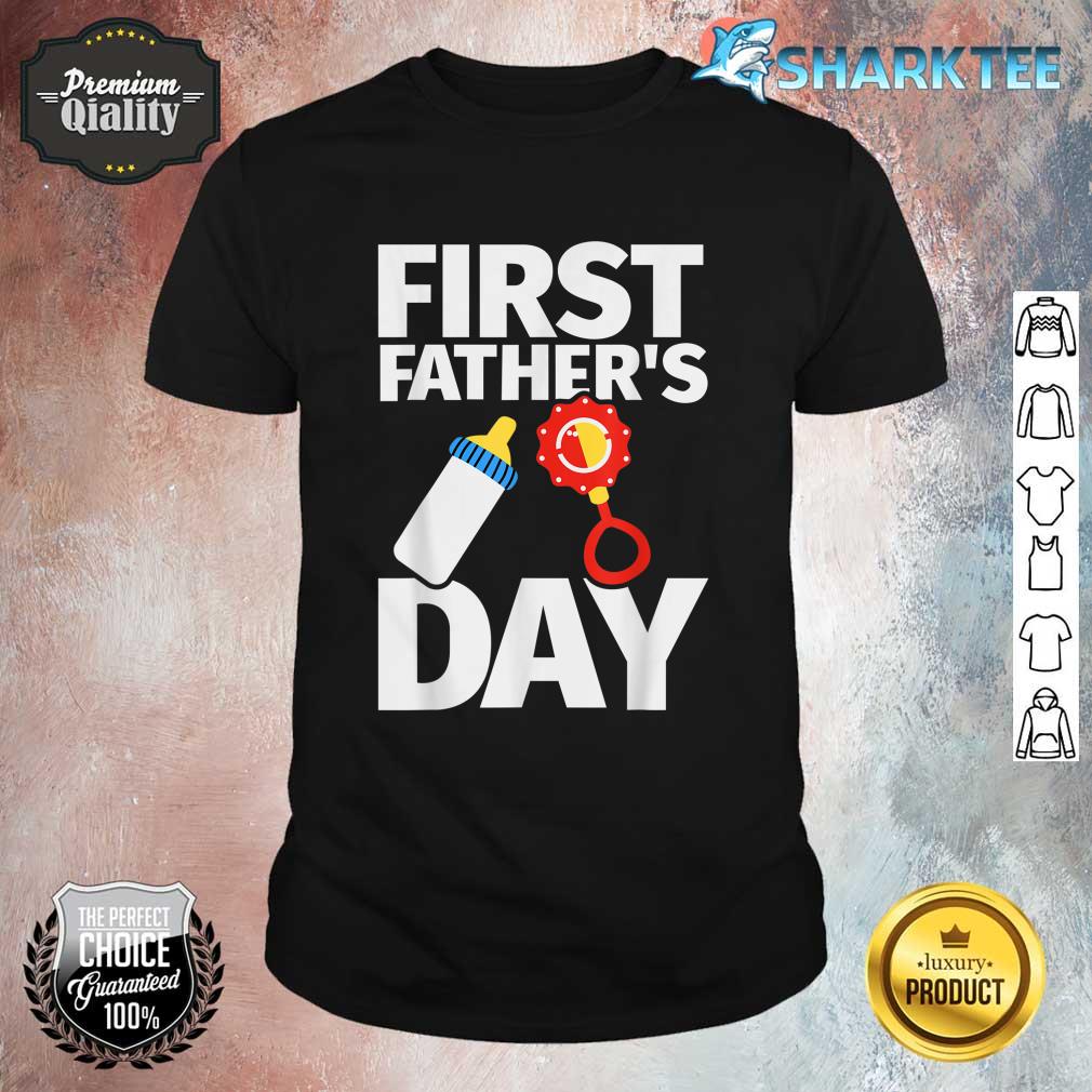 First Fathers Day Woven Rattle Baby Bottle Dad Shirt