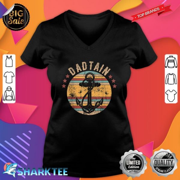 Mens Dadtain Dad and Captain Funny Retro Anchor Fathers Day V-neck