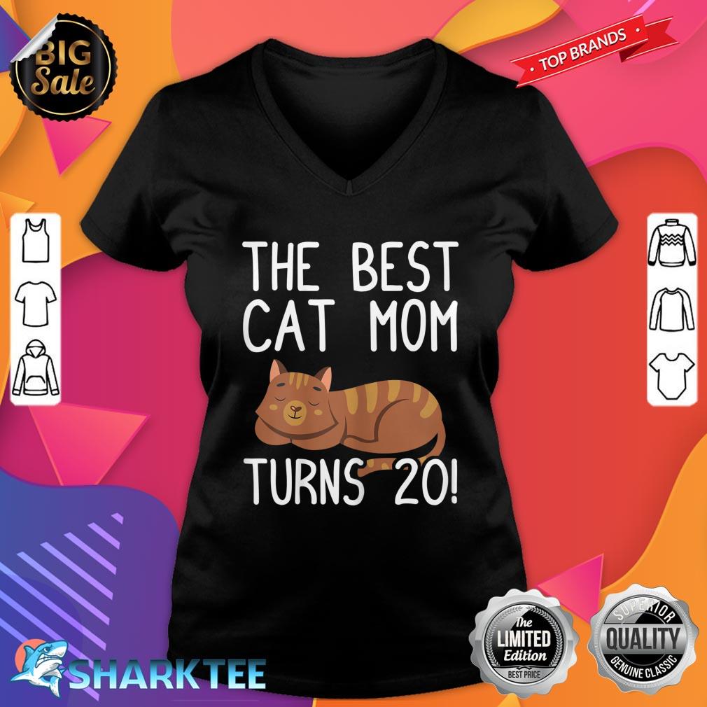 Womens Best Cat Mom Turns 20th Birthday Twentieth Birthday Cat V-neck