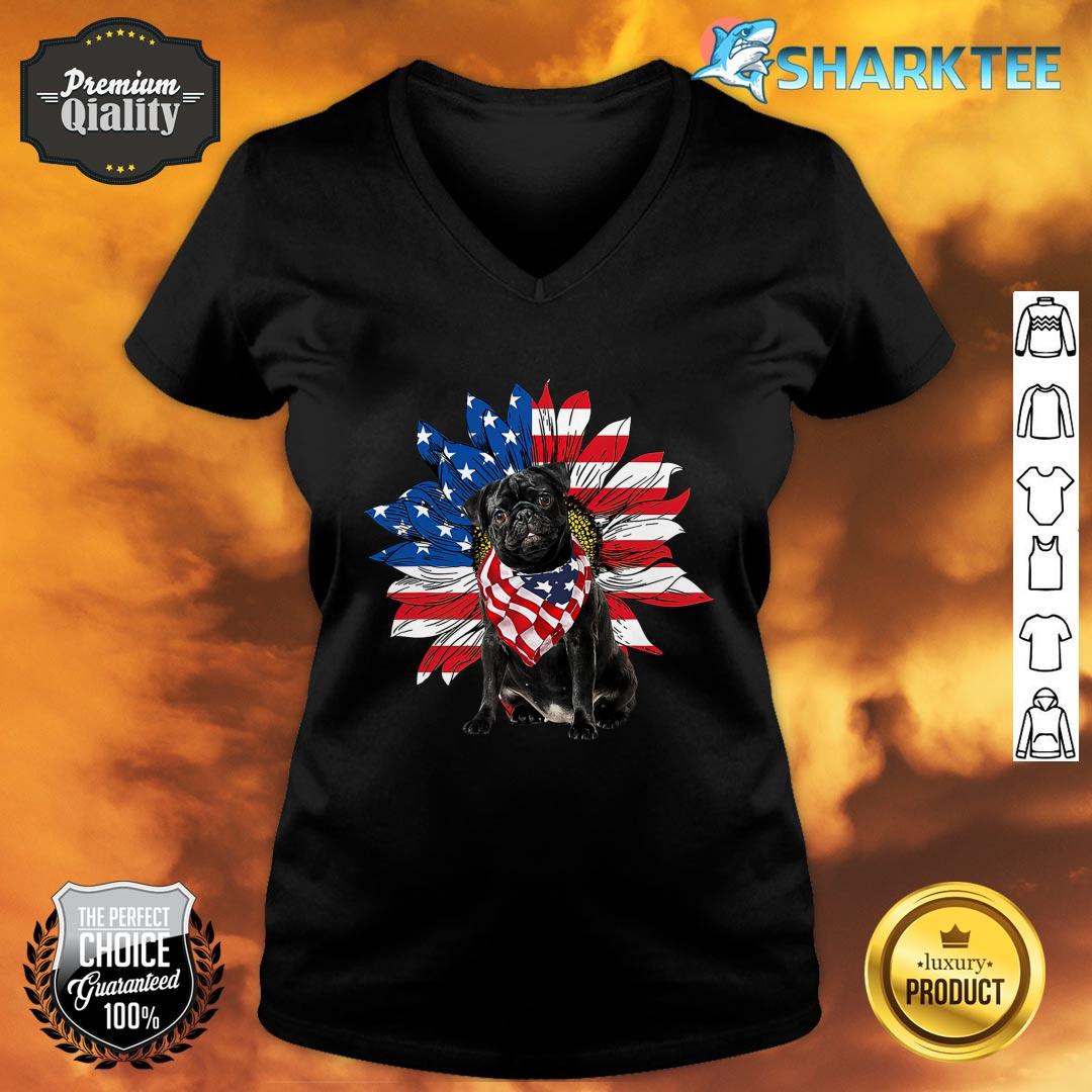 Black Pug Sunflower American Flag Independence Day V-neck
