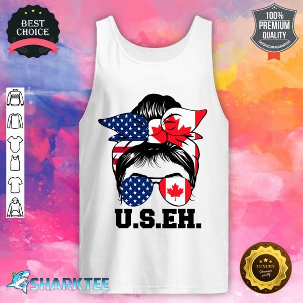 Messy Bun American Canadian Flag Sunglasses US EH Canada Day Tank Top