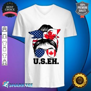 Messy Bun American Canadian Flag Sunglasses US EH Canada Day V-neck