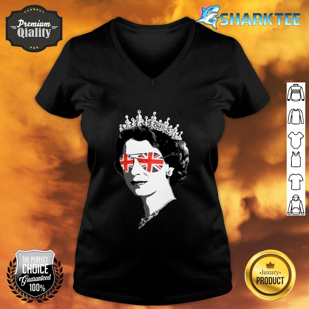 Queen Elizabeth II Sunglasses British Crown Union Jack Meme V-neck 