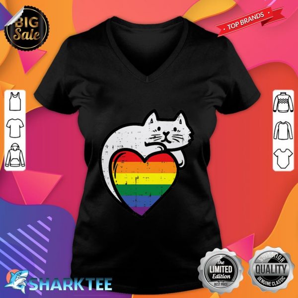 Rainbow Flag Cat Heart Gay Pride Ally LGBTQ Month Women Men V-neck