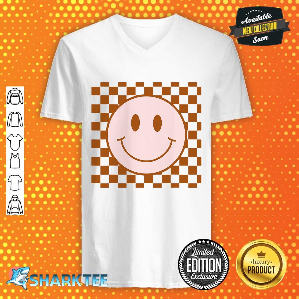 Retro Happy Face Smiley Face Checkered Pattern Trendy V-neck 