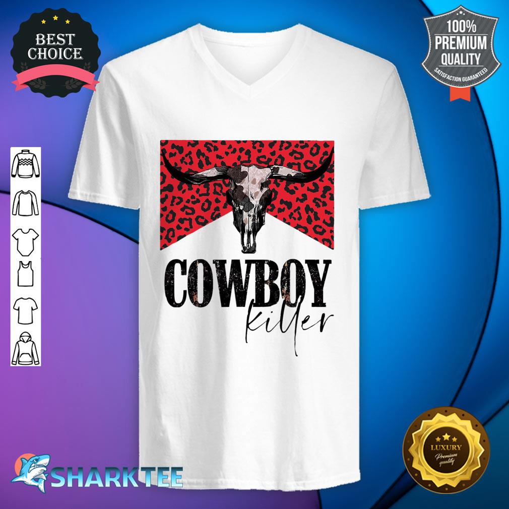 Western Cowgirl Leopard Punchy Cowboy Killers Bull Horn V-neck 