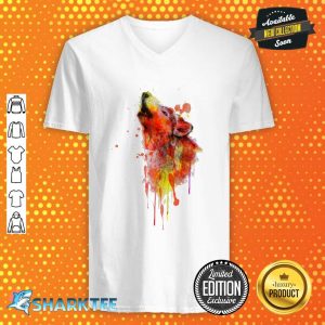 Colorful Watercolor Wolf Splash Art Animal Face Wolf Lover v-neck