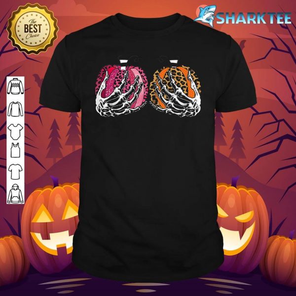 Leopard Pumpkin Skeleton Hands Funny Halloween Premium shirt