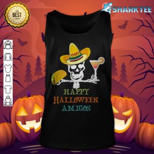 Funny Halloween Amigo's Skeleton Mexican Hat Taco and Drink tank-top