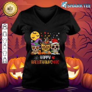 Womens Sugar Skull Skeleton Halloween Costume Happy Hallothankmas v-neck