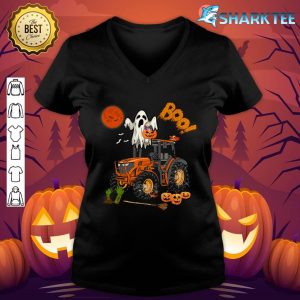 Boo Ghost Riding Tractor Halloween Candy Basket Pumpkins v-neck