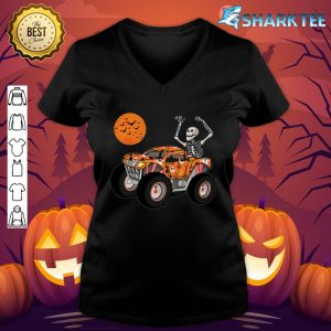 Halloween Skeleton Riding Pumpkin Truck Boys Kids v-neck