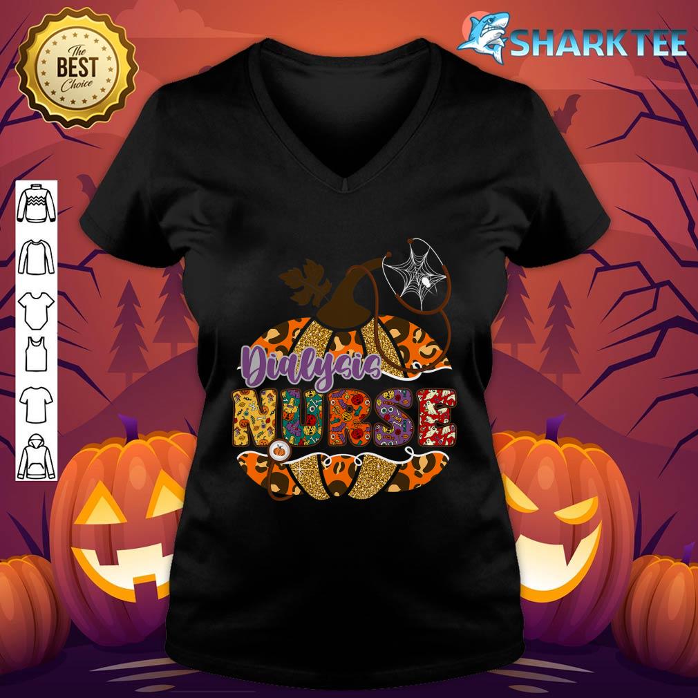 Dialysis Nurse Stethoscope Nursing Halloween Pumpkin Leopard v-neck
