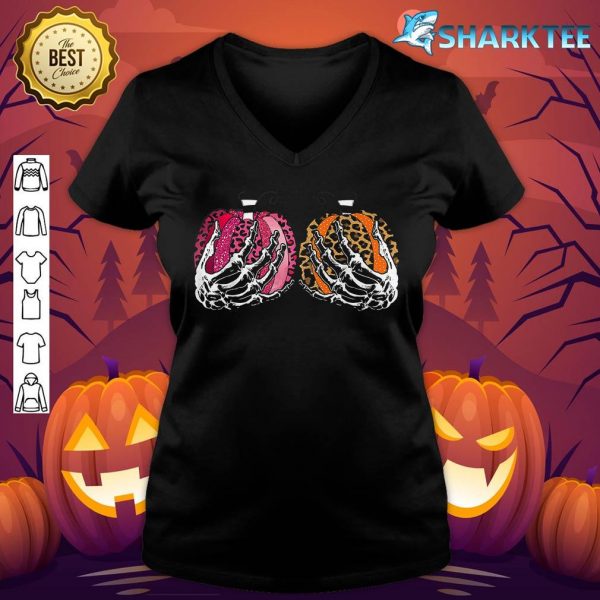 Leopard Pumpkin Skeleton Hands Funny Halloween Premium v-neck