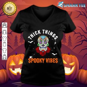 Thick Thighs And Spooky Vibes Skull Roses Original Halloween v-neck