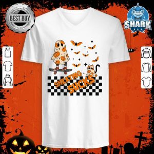 Smeating Sucks Pumpkin Ghost Skater Spooky Vibes Halloween v-neck