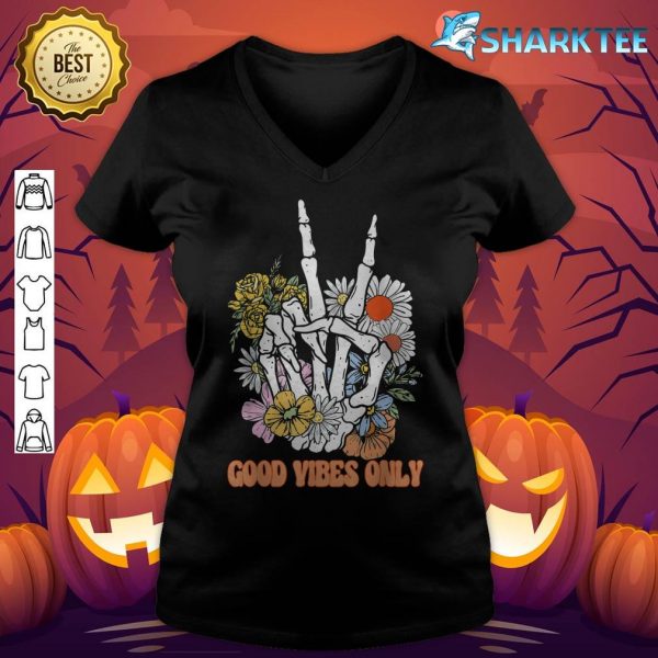 Good Vibes Only Floral Skeleton Hand Fall Autumn Halloween v-neck