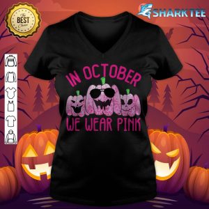 Womens In October We Wear Pink Pumpkin Shirts For Women Halloween v-neck