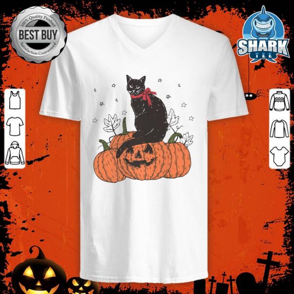 Black Cat Pumpkin Vintage Halloween Spooky Cat Dad Cat Mom Premium v-neck