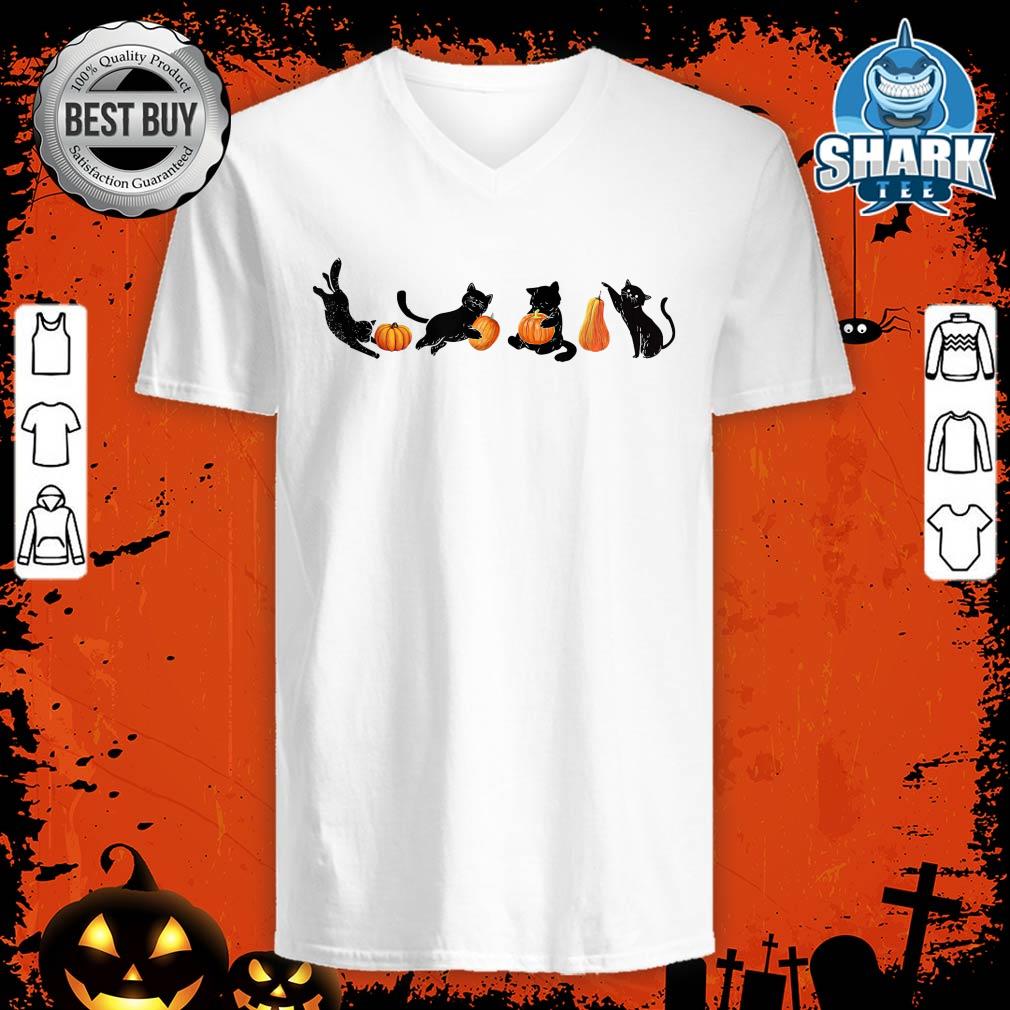 Halloween Adorable Cats Play With Pumpkin v-neck