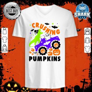 Happy Halloween Crushing Pumpkin Monster Truck Dinosaur v-neck