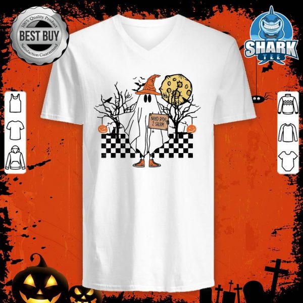 Retro 70s Groovy Ghost Halloween Need A Ride To Salem v-neck