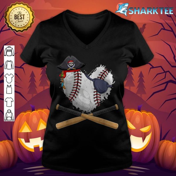 Baseball Heart Pirate Hat Jolly Roger Halloween Costume Day v-neck