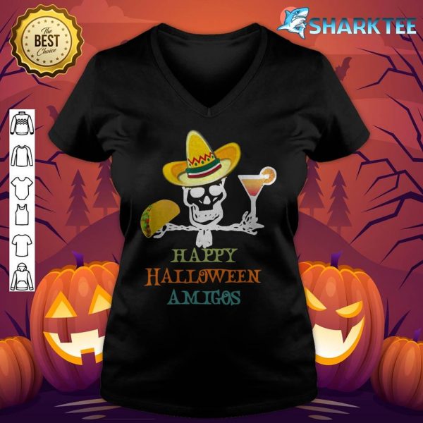 Funny Halloween Amigo's Skeleton Mexican Hat Taco and Drink v-neck