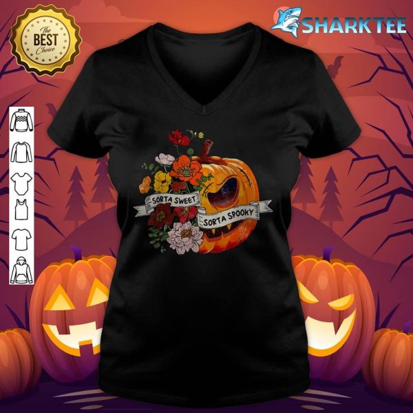 Funny Halloween Sorta Sweet Sorta Spooky Fall Pumpkin Flower v-neck