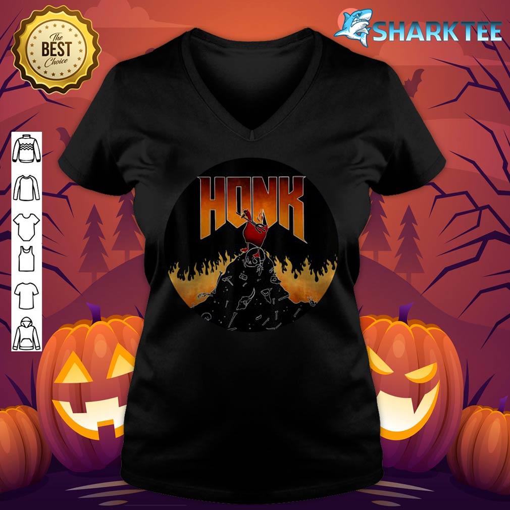 Halloween Honk Goose on Skeleton hill in Hell with Red Moon v-neck