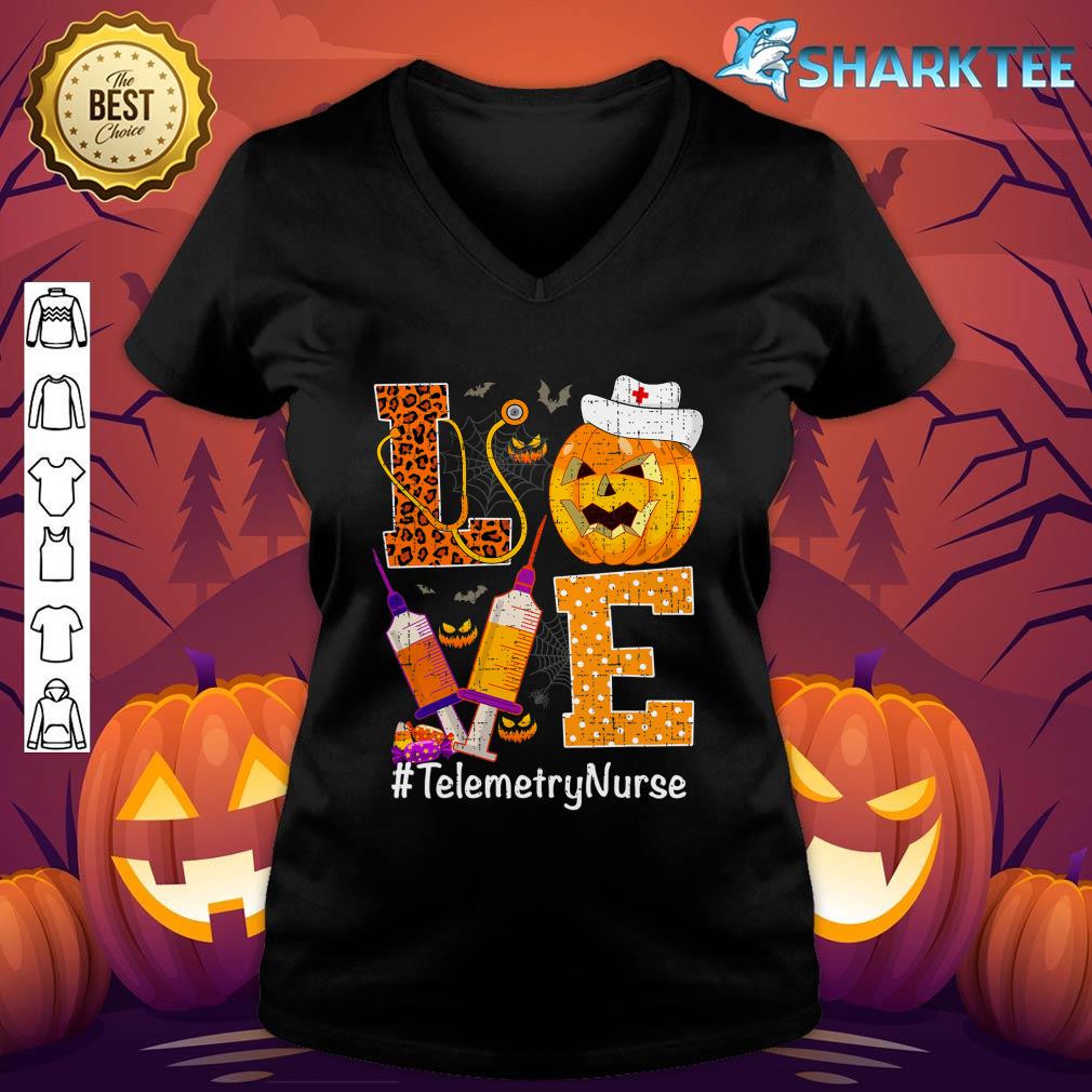 Love Nurse Life Pumpkin Leopard Halloween Telemetry Nurse v-neck