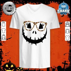 Jack O Lantern Face Pumpkin Halloween Leopard Print Glasses v-neck