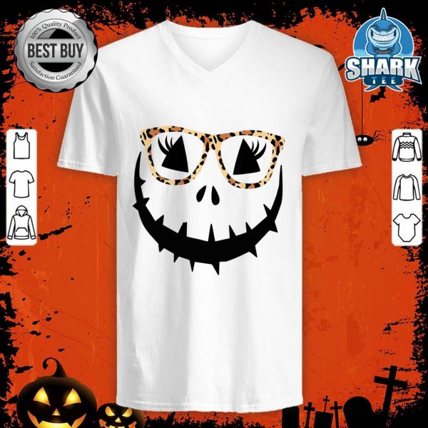 Jack O Lantern Face Pumpkin Halloween Leopard Print Glasses v-neck