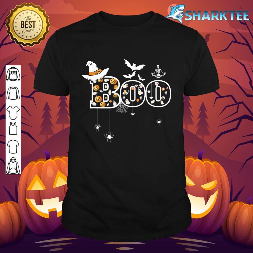 Boo With Spiders, Bat And Witch Hat Halloween Graphic T-Shirt