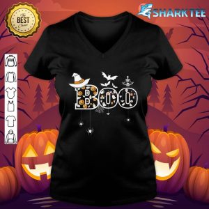 Boo With Spiders, Bat And Witch Hat Halloween Graphic V-neck