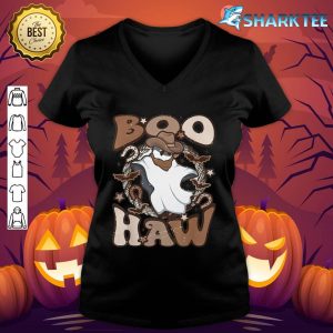 Cowboy Cowgirl Ghost Boo Haw Retro Halloween Western Ghost V-neck