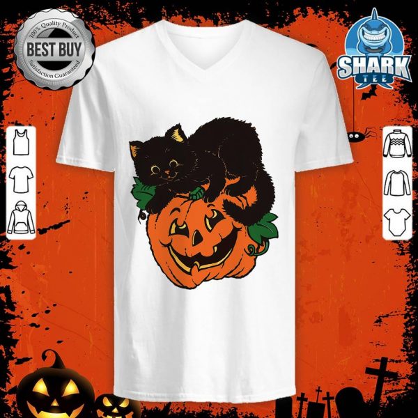 Cute Black Cat Pumpkin Fall Halloween Costume Party Gift V-neck