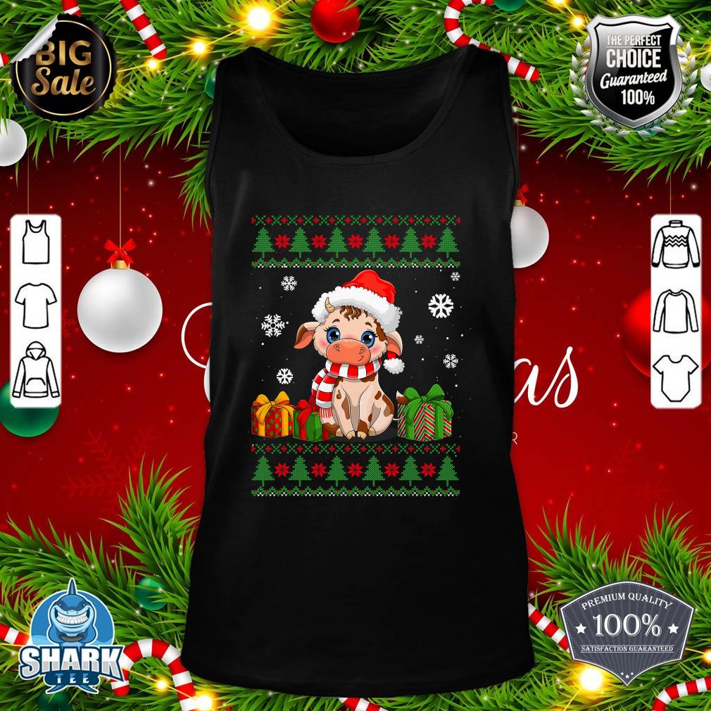 Funny Cow lovers Cute Cow Santa Hat Ugly Christmas Sweater Tank top
