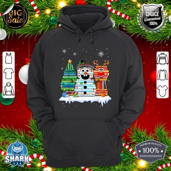 Christmas Tree Snowman Reindeer Book Stack Tee Librarian hoodie