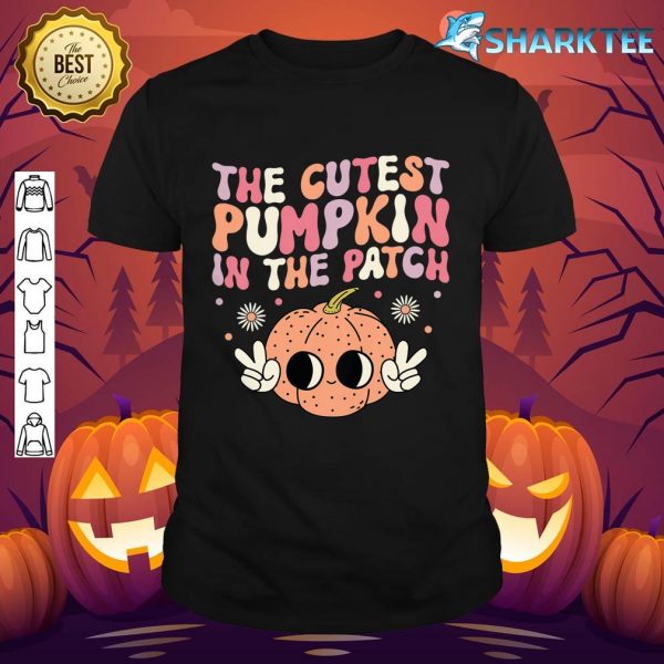 Kids The Cutest Pumpkin in the Patch Retro Groovy Halloween T-Shirt