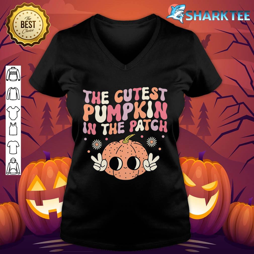 Kids The Cutest Pumpkin in the Patch Retro Groovy Halloween V-neck