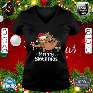 Merry Slothmas Christmas Sloth Pajamas Santa Hat Xmas Sloth V-neck