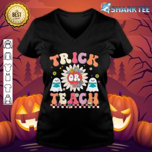 Retro Groovy Trick Or Teach Ghost Teacher Halloween Costume V-neck